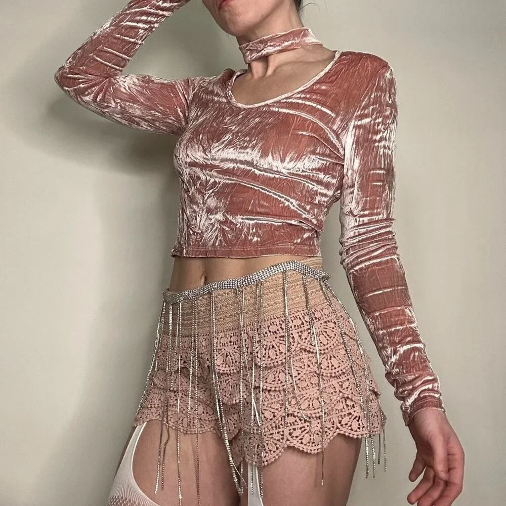 Pink Crushed Velvet Choker Top